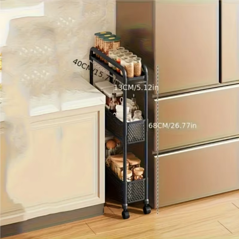 Unité de rangement mobile noire, étagères pratiques à plusieurs niveaux, support de rangement étroit sur roulettes.