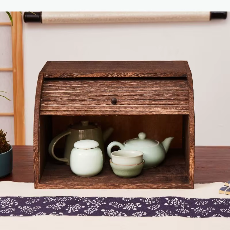 Meuble de rangement en bois massif anti-poussière avec porte à rideau coulissant, bac de rangement et étagère pour la maison