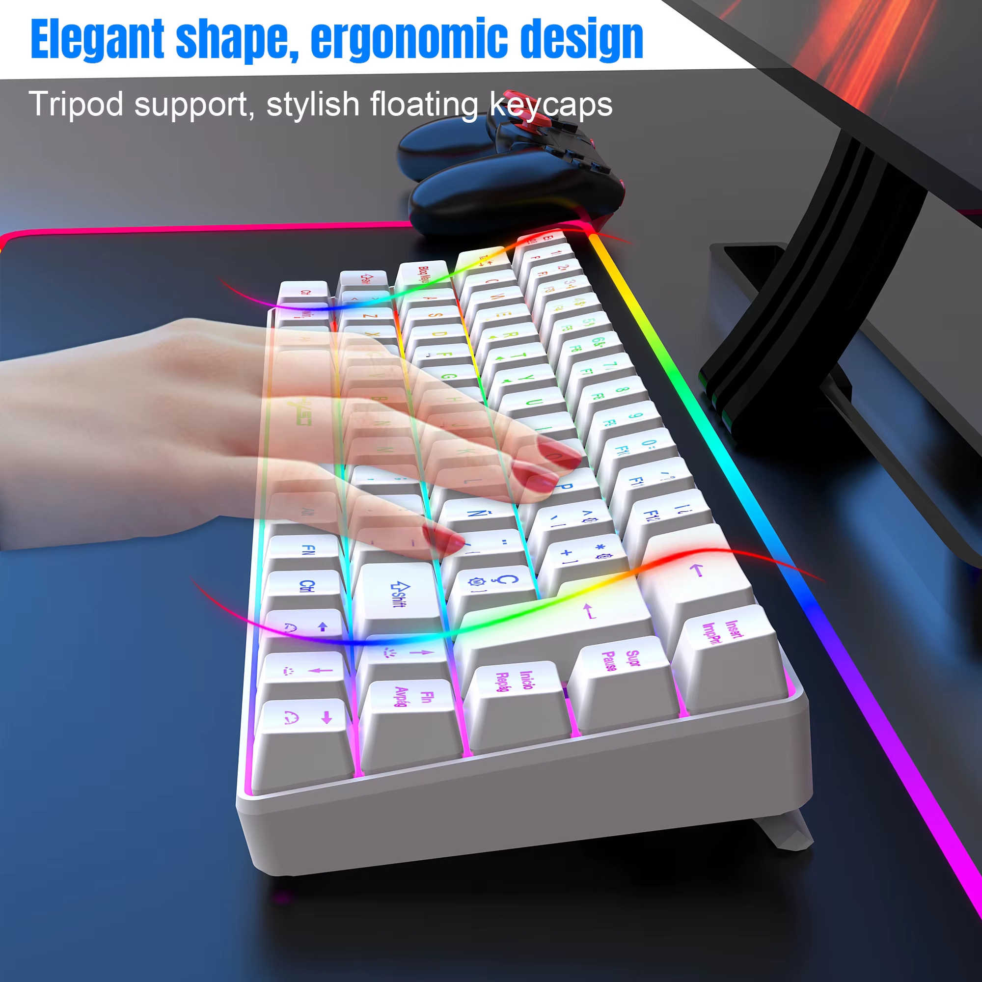 68 touches clavier de jeu USB filaire Portable 20 RGB rétro-éclairage coréen russe anglais