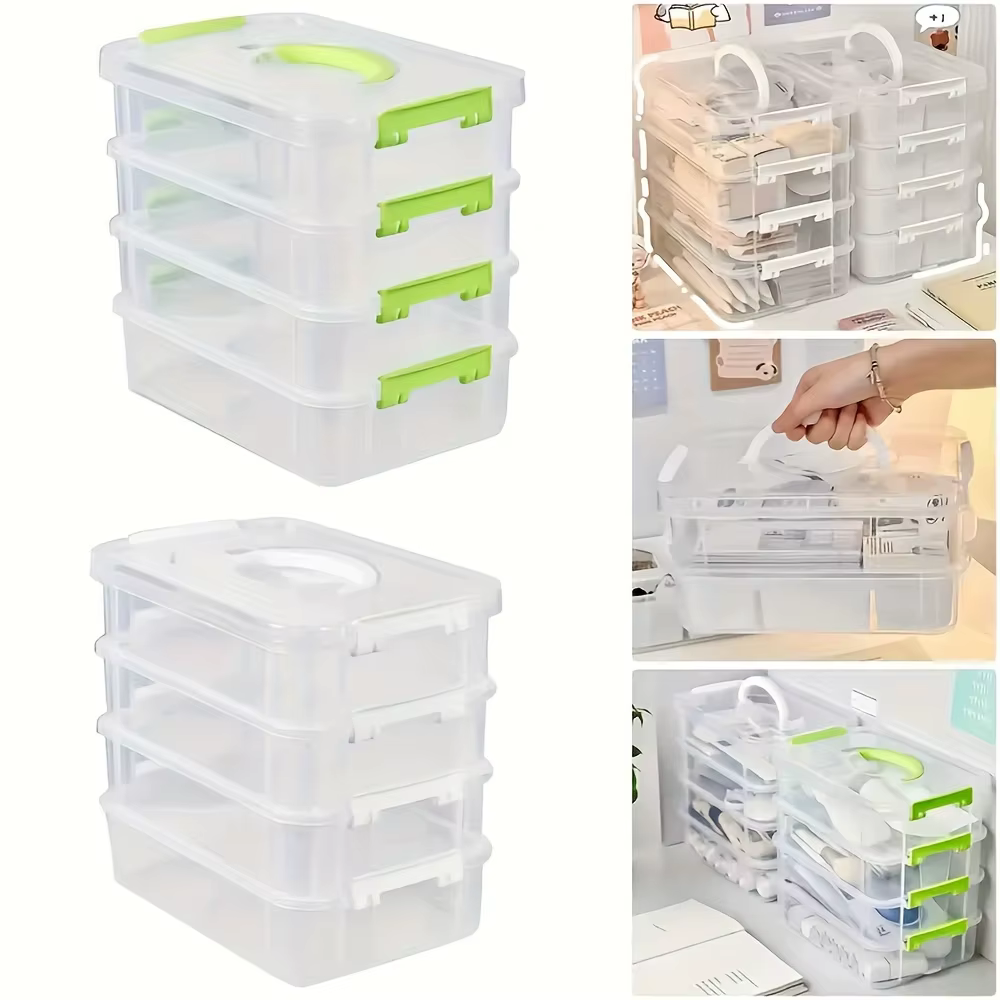Couvercles de boîte de rangement en plastique transparent empilables à 4 couches, boîtes de rangement à tiroirs séparés