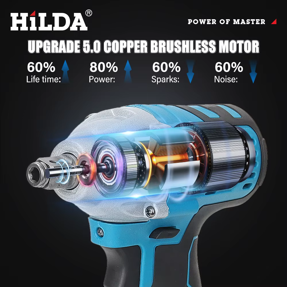 HILDA clé à chocs électrique 18V bleu sans brosse/brossé Rechargeable 1/2 clé à douille perceuse à main sans fil pour batterie Makita