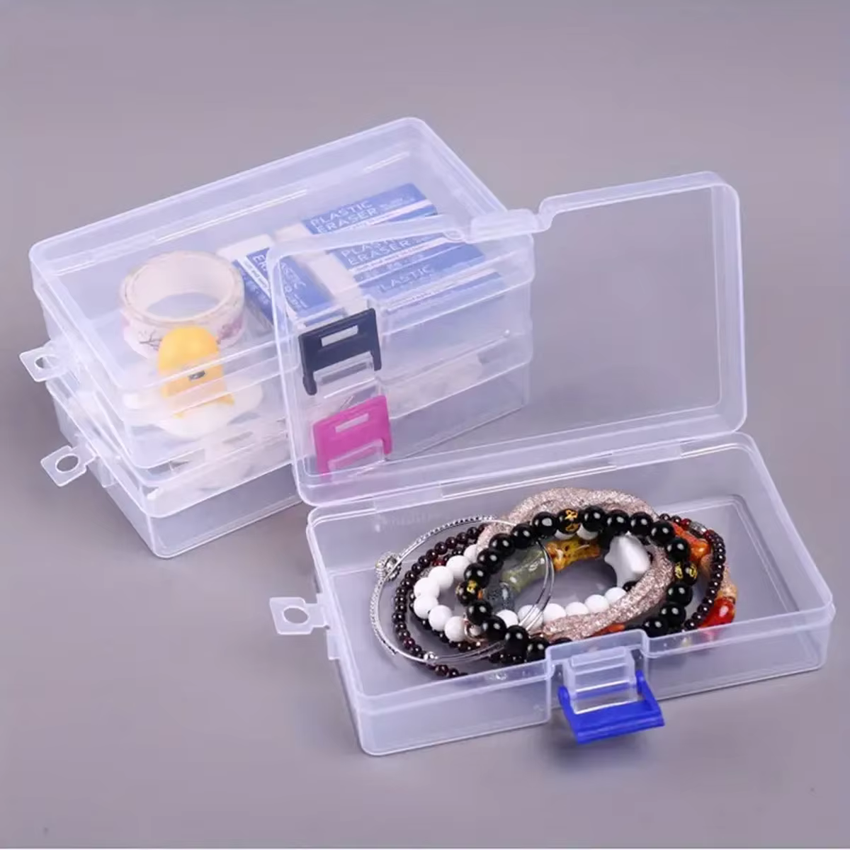 Boîte de rangement rectangulaire transparente verrouillable en plastique