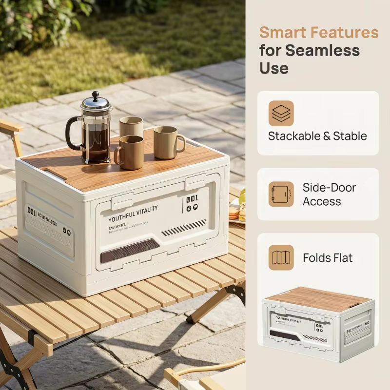 Boîte de rangement pliable avec couvercle en bois