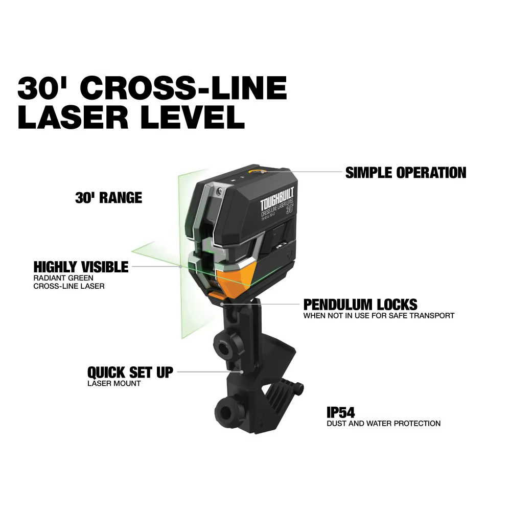 TOUGHBUILT TB-H2-LL-30-L2 30 pieds faisceau vert auto-nivelant niveau Laser lignes transversales outil électrique accessoires Architecture