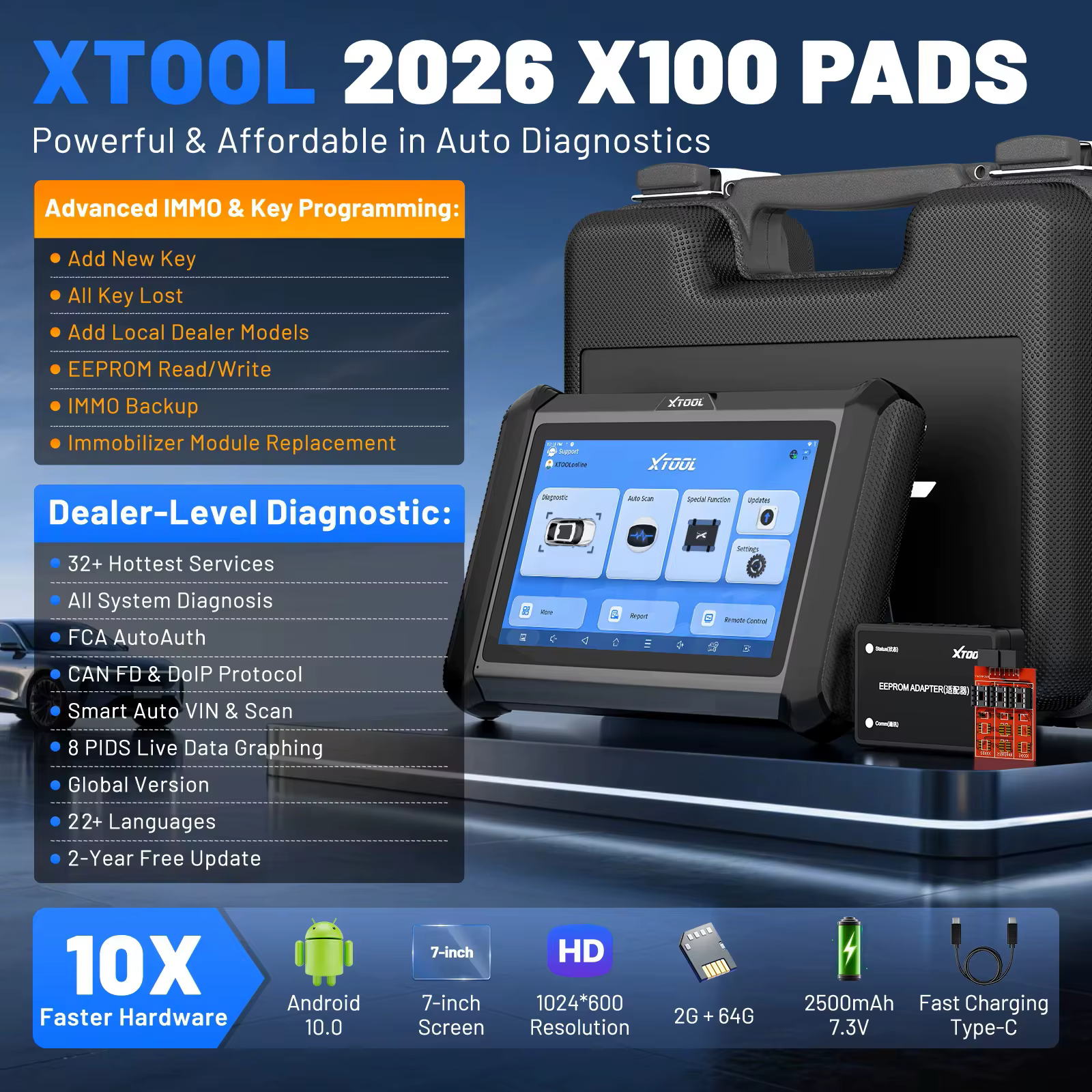 XTOOL X100 PADS Outil de diagnostic de programmation de clé IMMO de voiture Lire le code PIN de la clé Toutes les clés perdues CAN FD et DOIP Mise à niveau de X100PAD PLUS Entrepôt européen Expédition