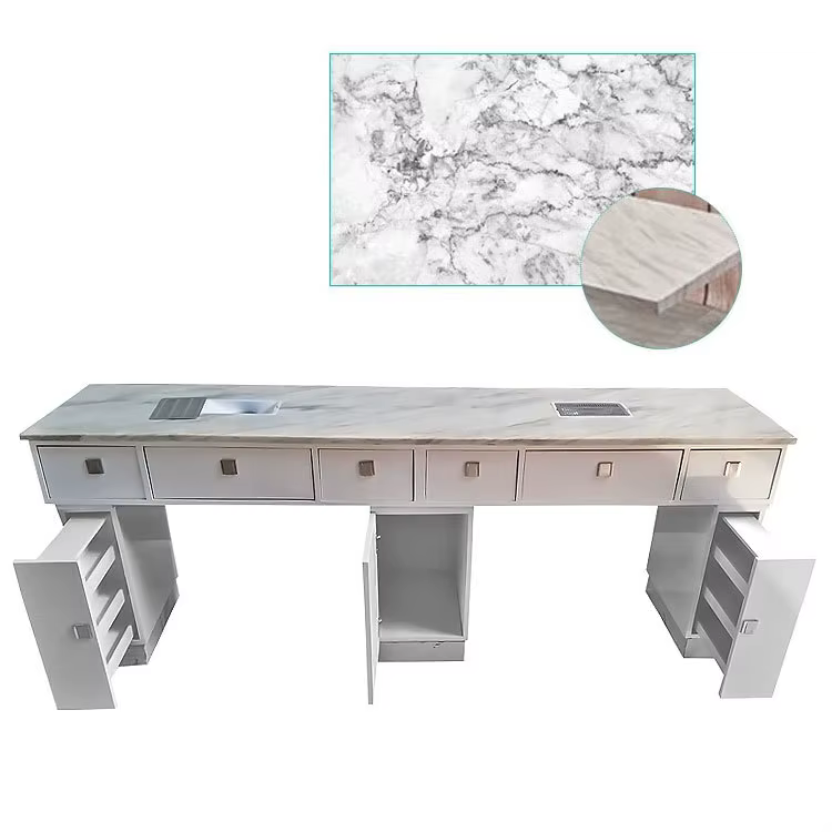 Table à ongles double en marbre, table de manucure en MDF E1 avec dépoussiéreur, ensemble de mobilier de salon personnalisé en verre trempé avec chaises