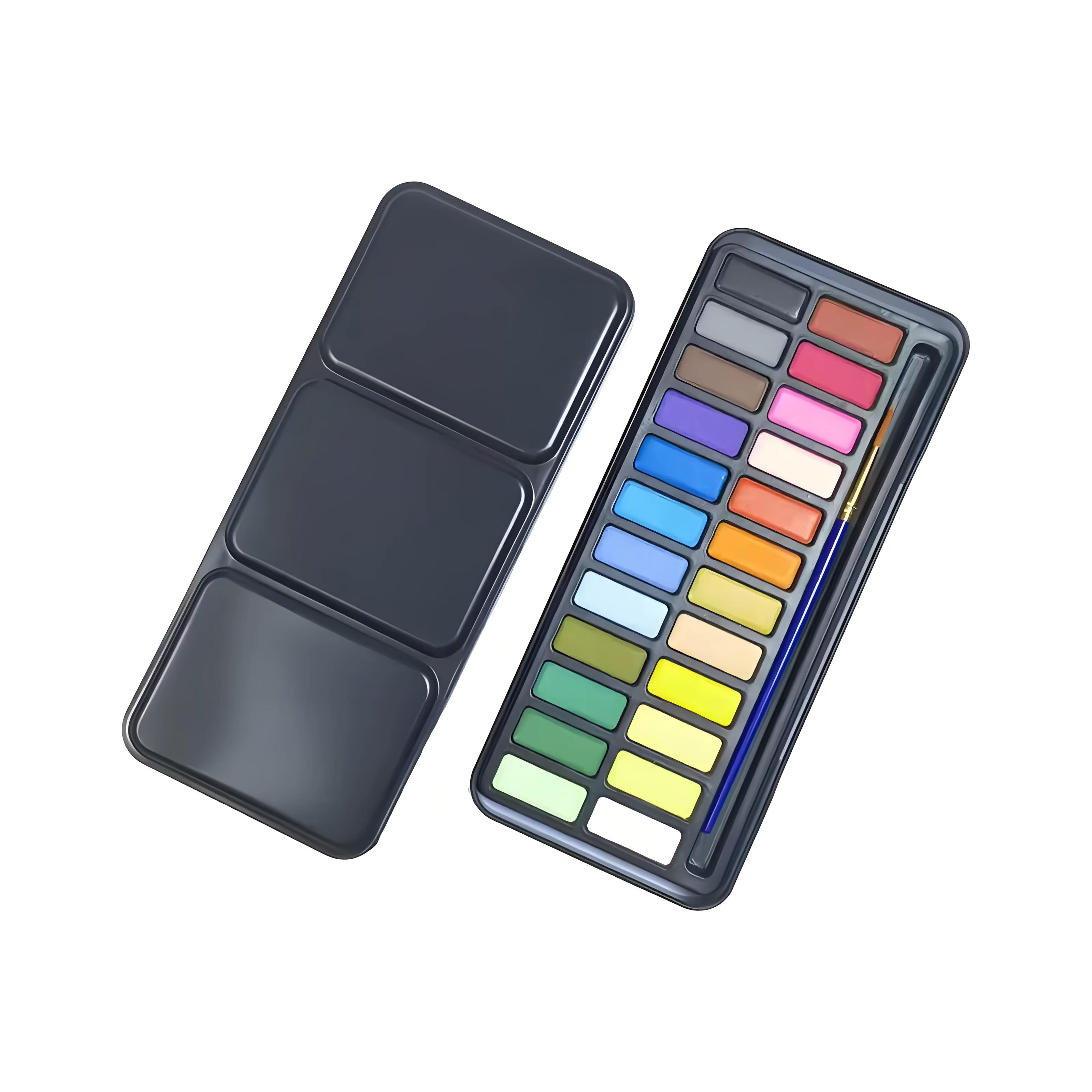 Boîte en fer de 24 couleurs de peinture à l'aquarelle solide, stylo et nuancier gratuits. Convient aux débutants en peinture et au dessin.