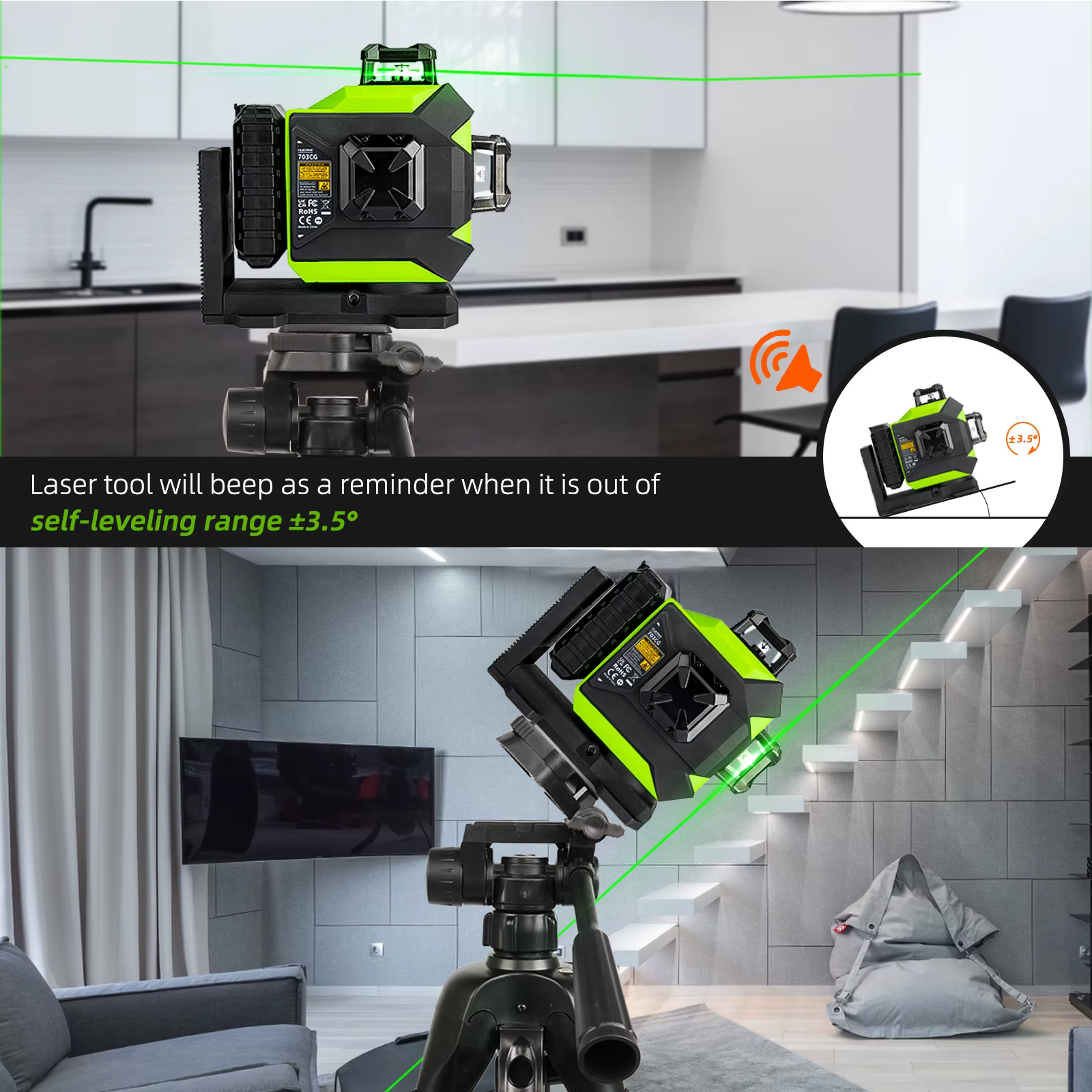 Huepar-Niveau laser 360 à faisceau vert 12 lignes auto-décrochant