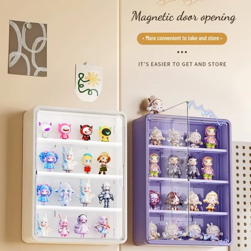 Boîte de rangement murale avec couvercle pour figurines d'action, jouets, présentoir à aspiration magnétique, organisateur pour boîte aveugle, boîte de rangement anti-poussière