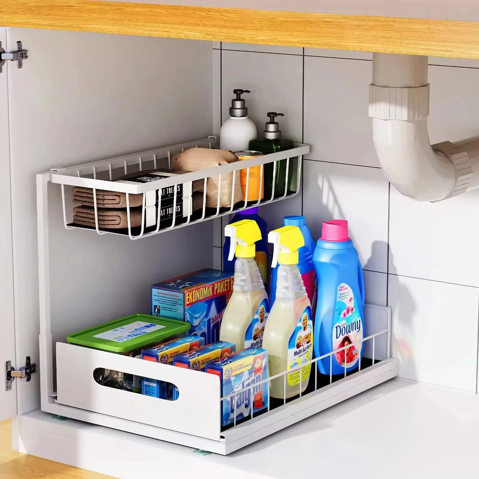 Sous l'évier 2 niveaux armoire coulissante panier organisateur tiroir retirer