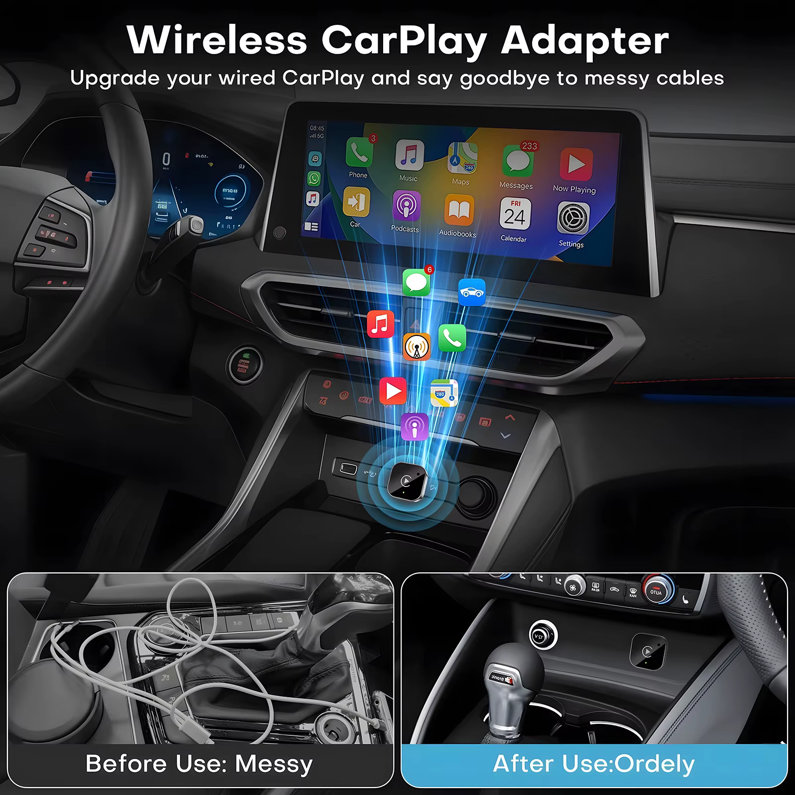 Adaptateur sans fil USB C 2-en-1 amélioré pour CarPlay et Android Auto