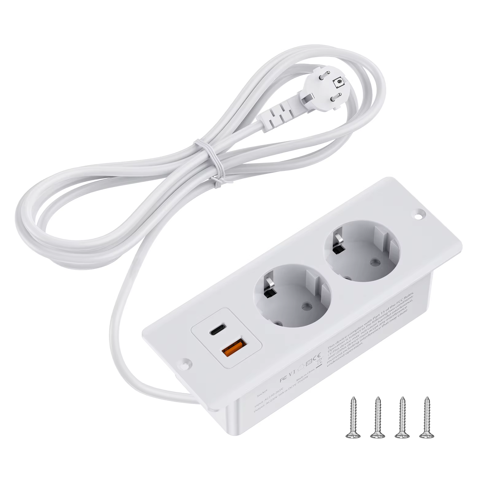 Prises encastrées sur Table ue, 1 USB-A et 1 type-c, prise de courant cachée de bureau intégrée avec rallonge de 2M pour bureau et cuisine