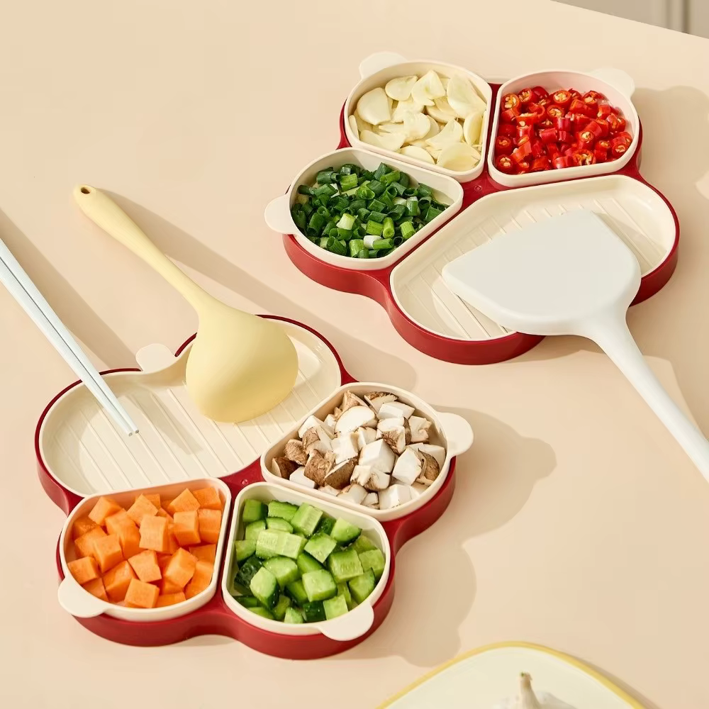 Assiette de préparation en plastique réutilisable à 4 compartiments, grande capacité, avec support pour cuillère, pour le contrôle des portions