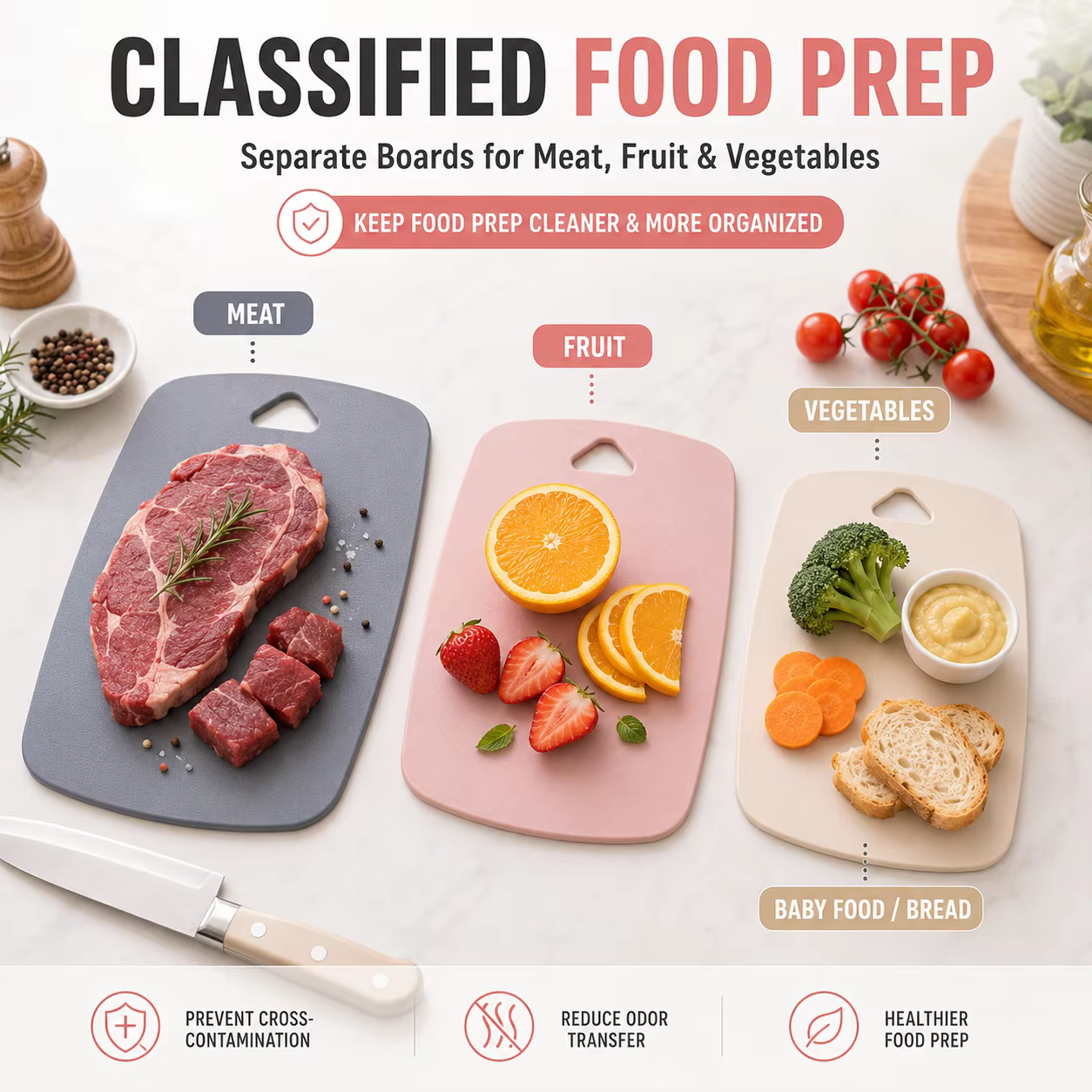 Ensemble de 3 planches à découper en plastique pour la cuisine, épaisses, colorées, antidérapantes, double face, pour viande et fruits