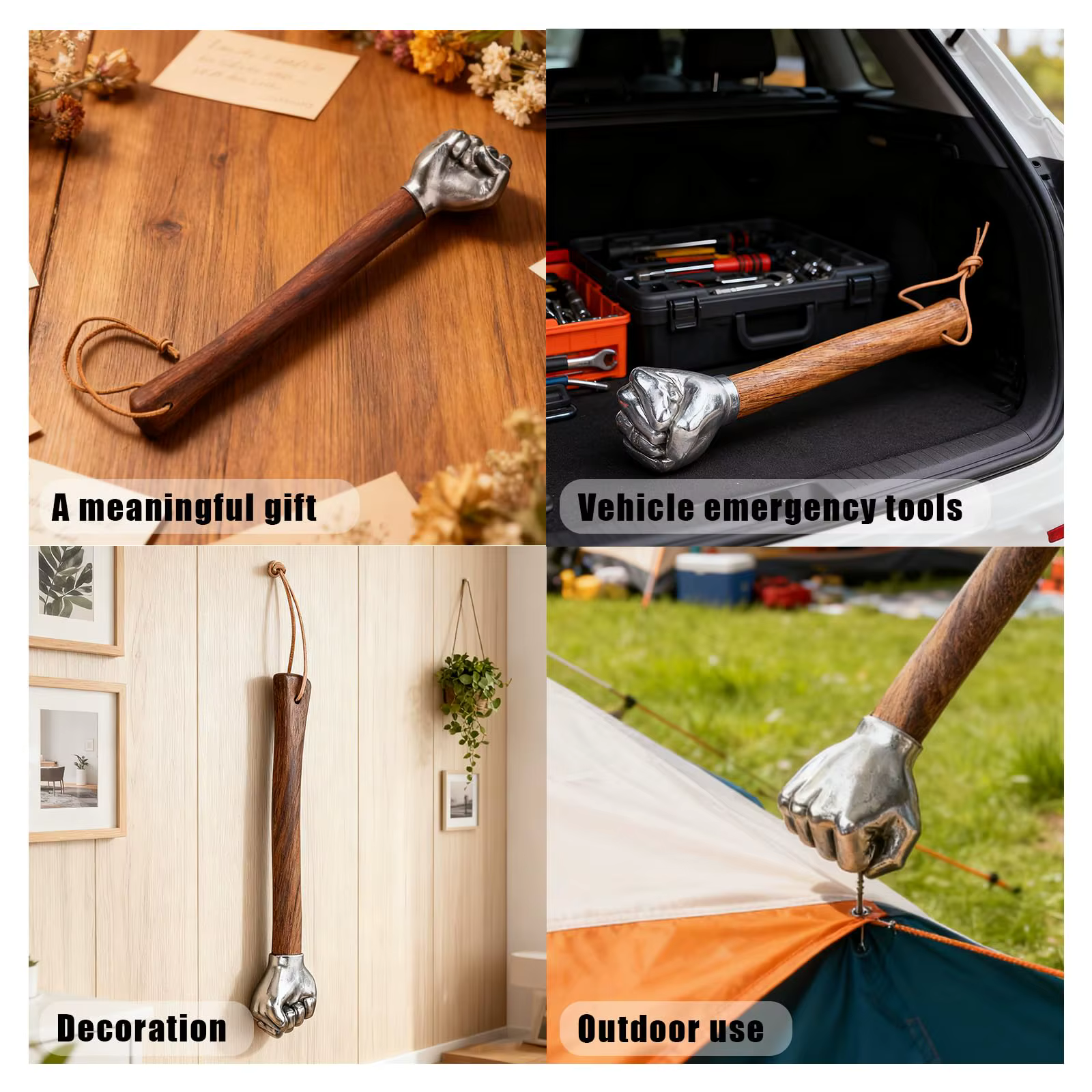 Marteau à poing en acier inoxydable avec manche en bois, outil manuel, cadeau artisanal, ornement décoratif, brise-vitre portable, pour le camping en extérieur
