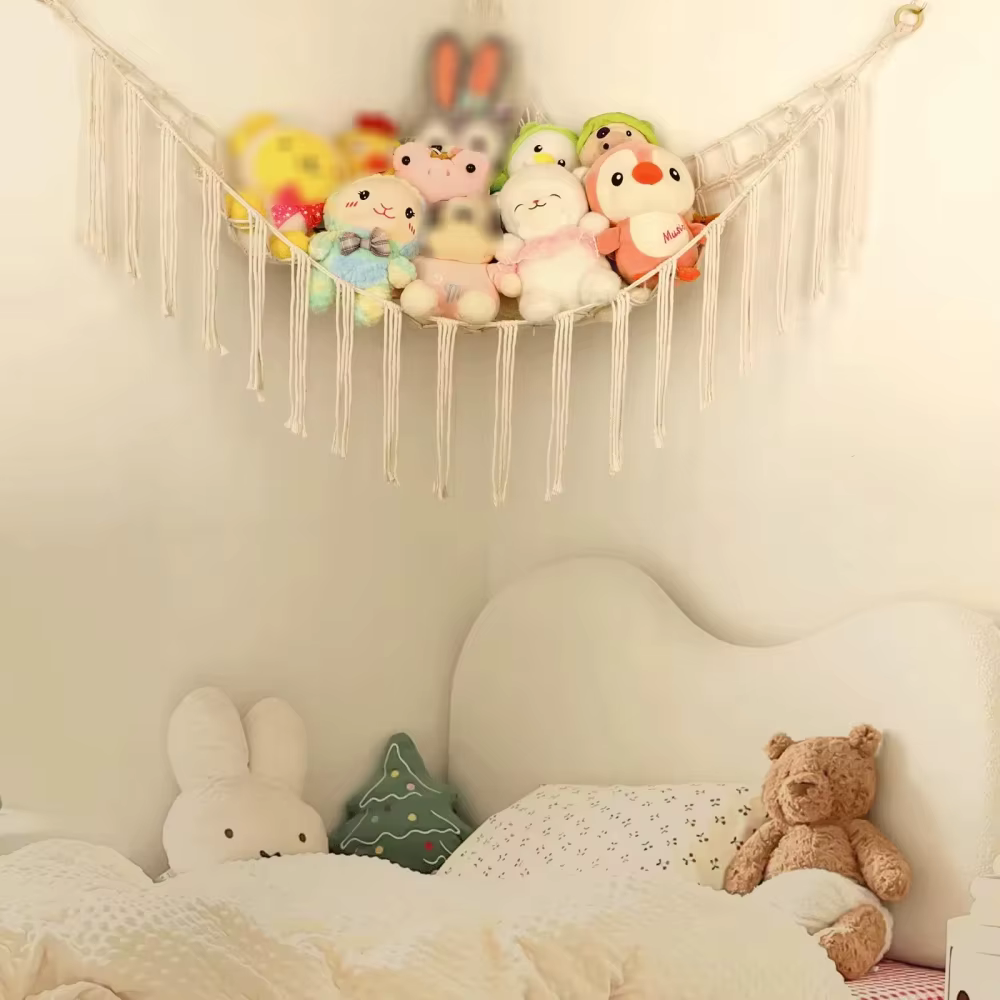 Hamac mural d'angle pour jouets, filet de rangement suspendu pour chambre, hamac pour poupées, décoration murale de fond de pièce