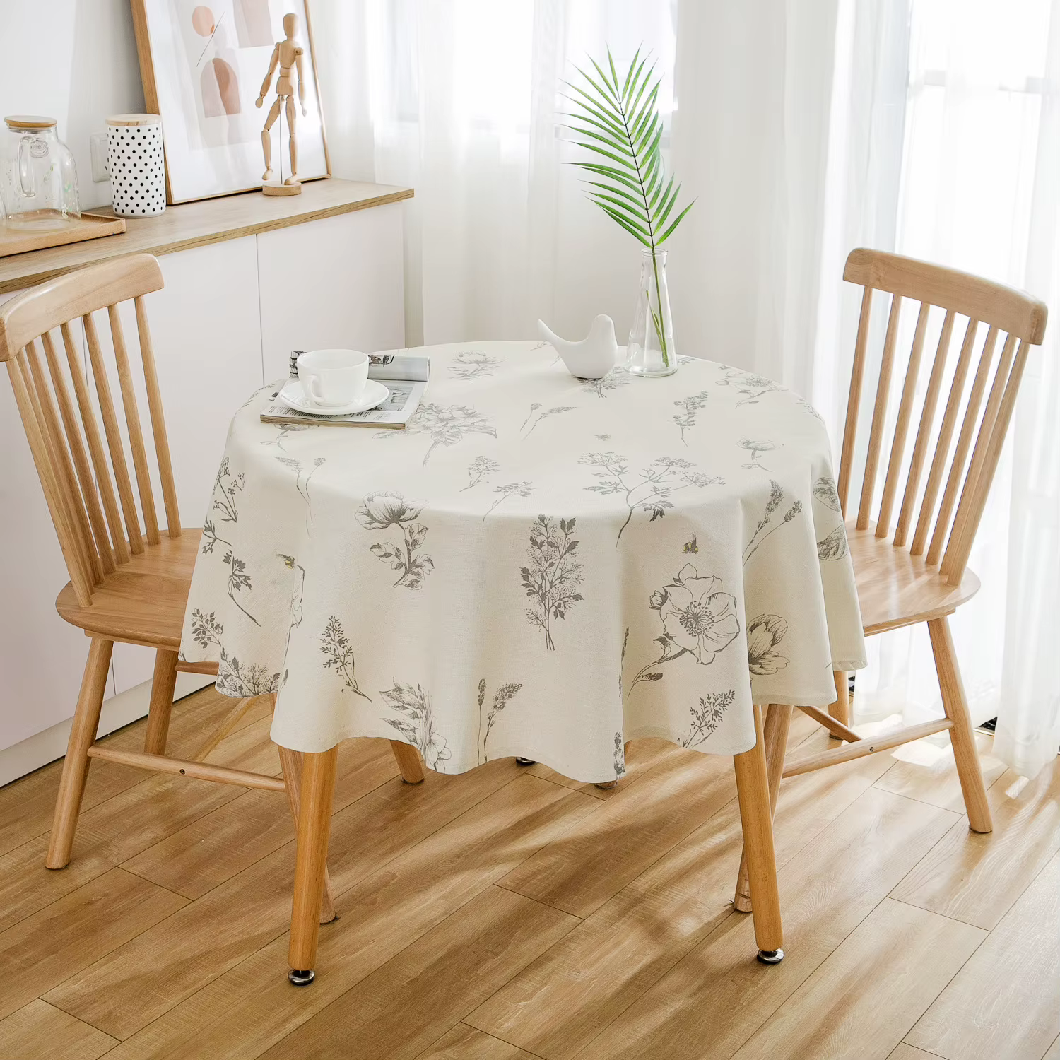Nappe Ronde en Coton et Lin à Imprimé Botanique Naturel – Housse de Table Décorative pour Cuisine