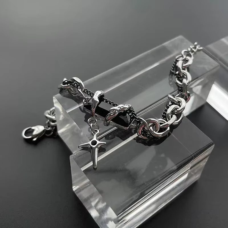 Bracelet rétro en Zircon noir pour hommes et femmes, chaîne étoile, Punk, en acier inoxydable, à portée de main, unisexe, bijoux, accessoires de Couple, 2024