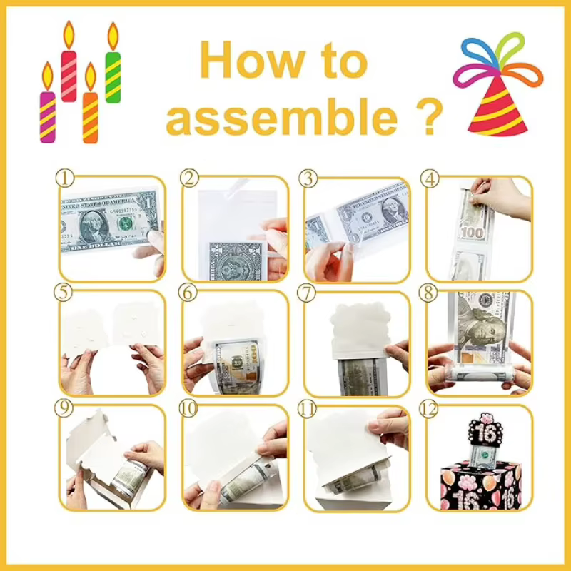 Boîte à Billets Rose et Or pour Garçon et Fille, Coffret Surprise pour Joyeux Anniversaire, Cadeau du 16e Anniversaire