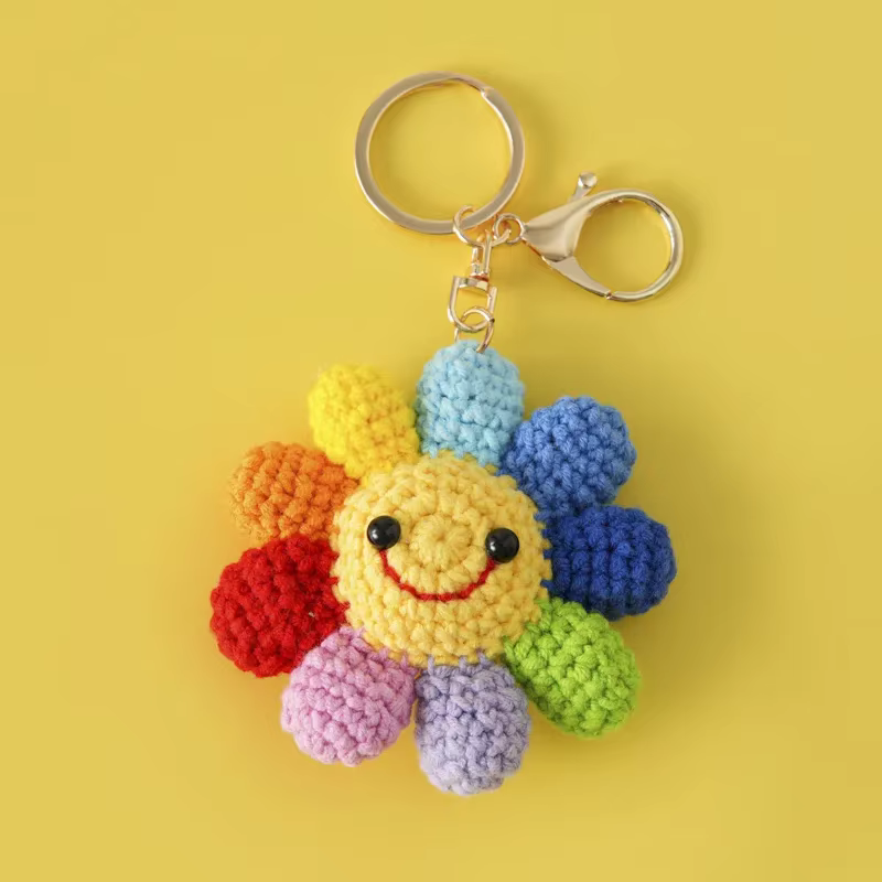 Porte-clés tournesol tricoté créatif, pendentif de sac mignon, fleur au Crochet, porte-clés de voiture