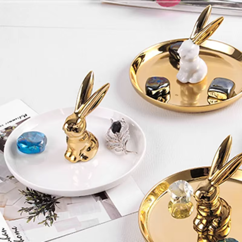 Coiffeuse de style européen, animal doré, cheval, lapin, plateau de rangement de bijoux en céramique, boîte de rangement de bijoux