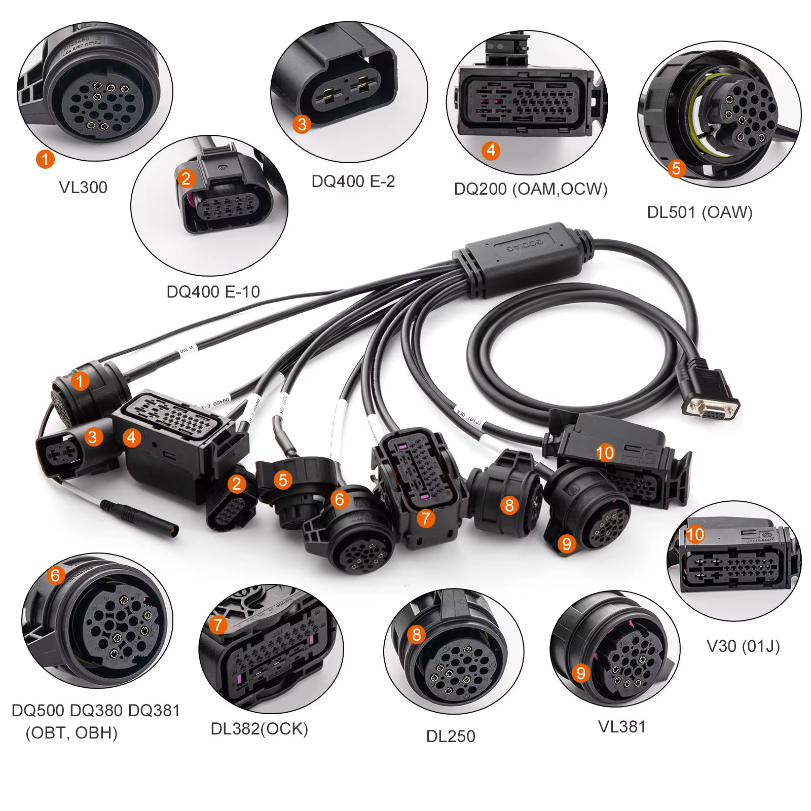 Câble de boîte de vitesses GODIAG VAG 9-en-1 pour DQ200/ DL501/ VL300/ VL381/ DQ500/ DQ250/ DQ380 à utiliser avec AUTEL GBOX/ XHORSE Multiprog