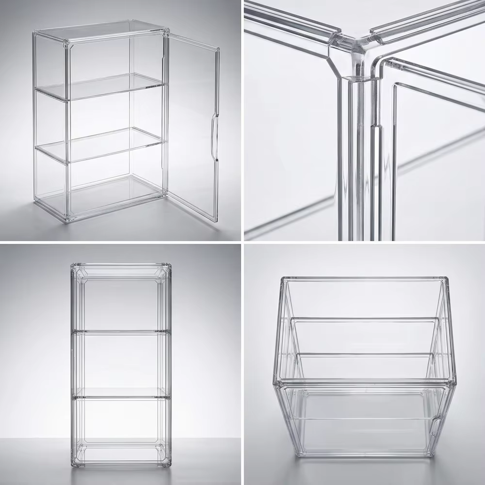 1 vitrine transparente en acrylique pour figurines avec deux étagères amovibles
