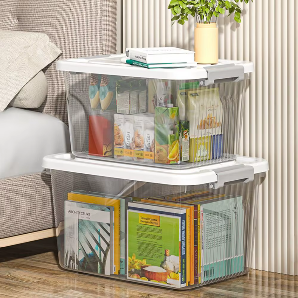 Boîte de rangement noire transparente durable en plastique avec couvercle