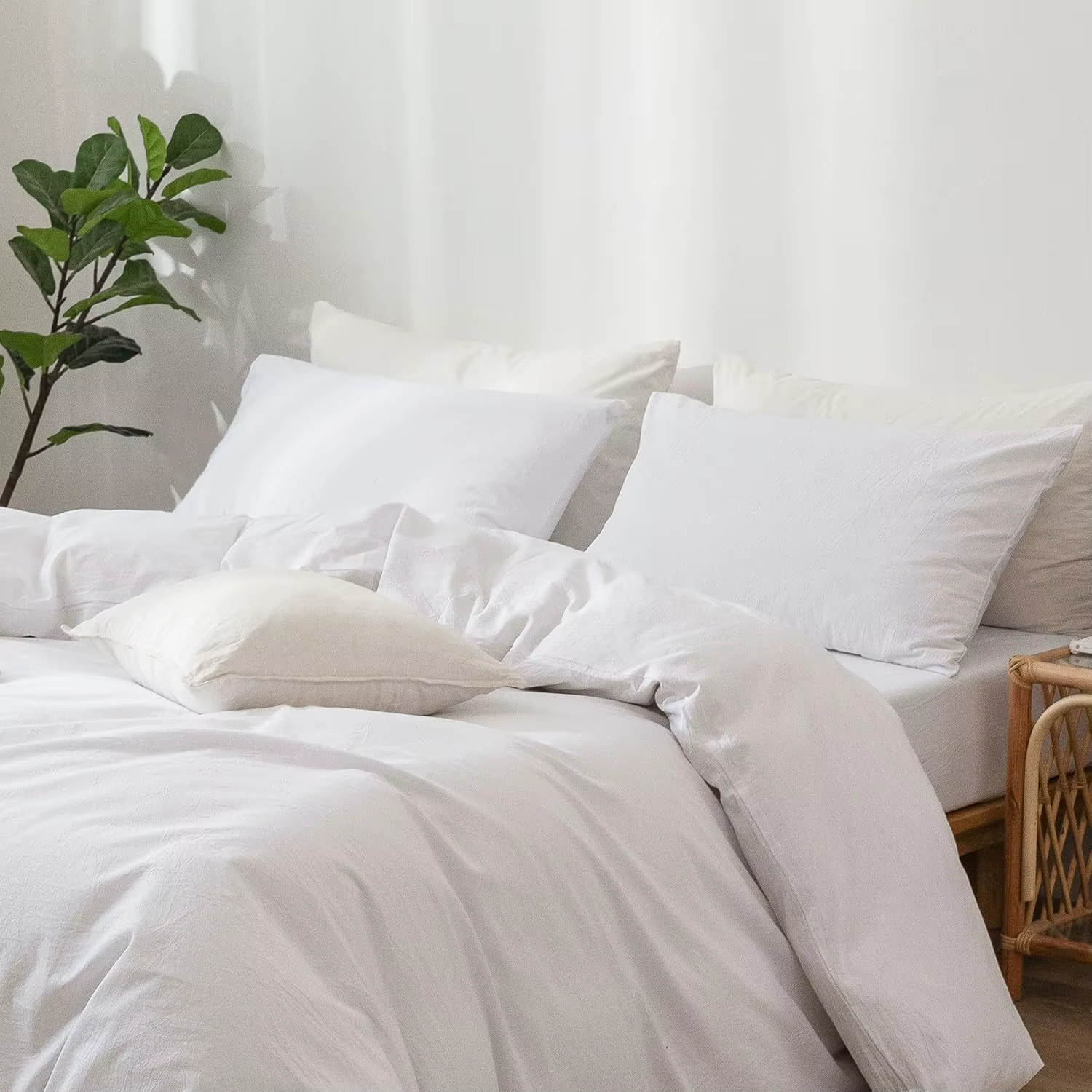 Taies d'oreiller standard, lot de 1, 100 % coton lavé, aspect lin, texturées, respirantes, durables, douces, blanches unies, sans inserts