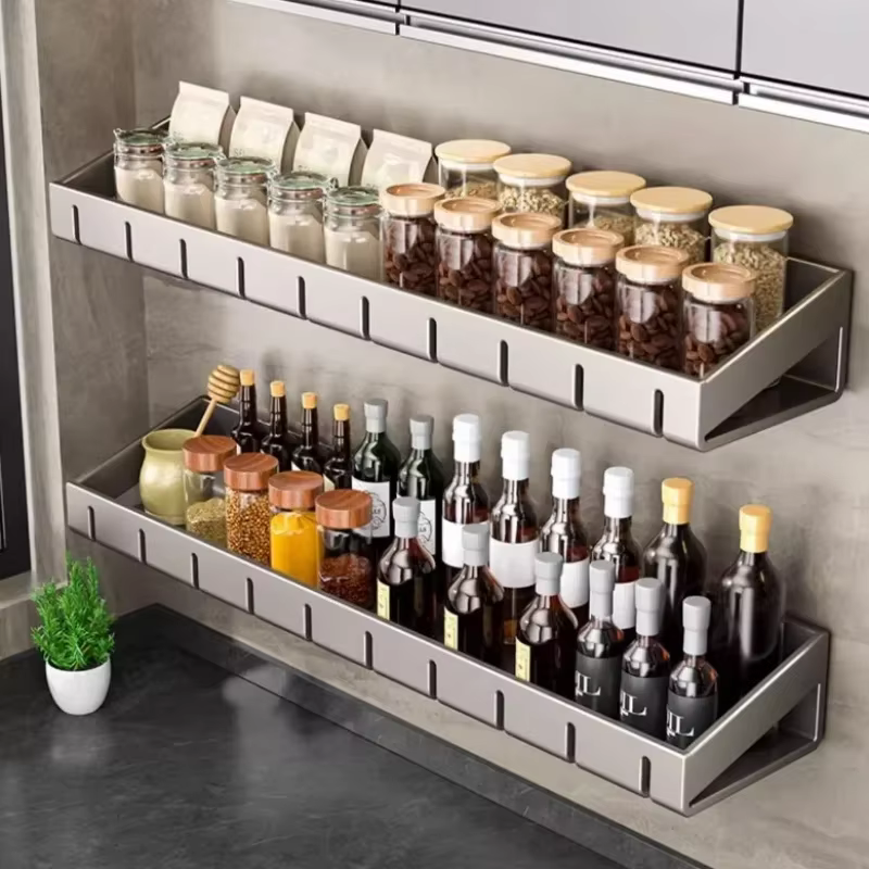 Étagère murale de rangement pour épices et condiments avec crochets suspendus