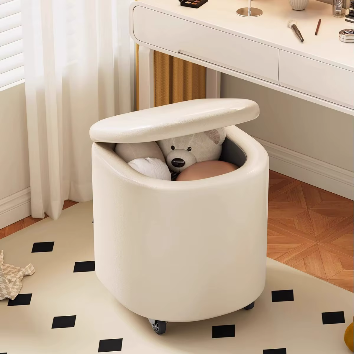 Banc de maquillage en cuir pour rangement, banc à chaussures, banc à ongles roulant pour chambre de femme, tissu en cuir haut de gamme de luxe léger