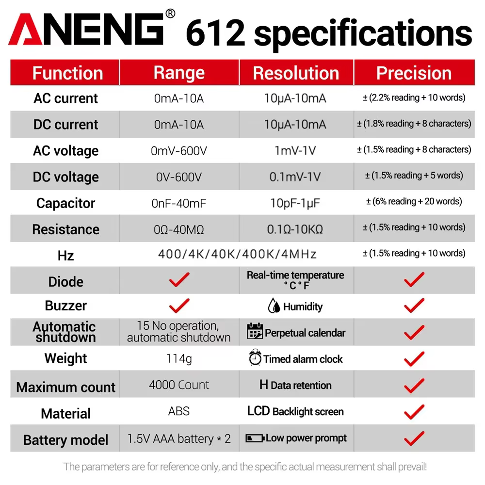 Multimètres numériques 3 en 1 ANENG 612