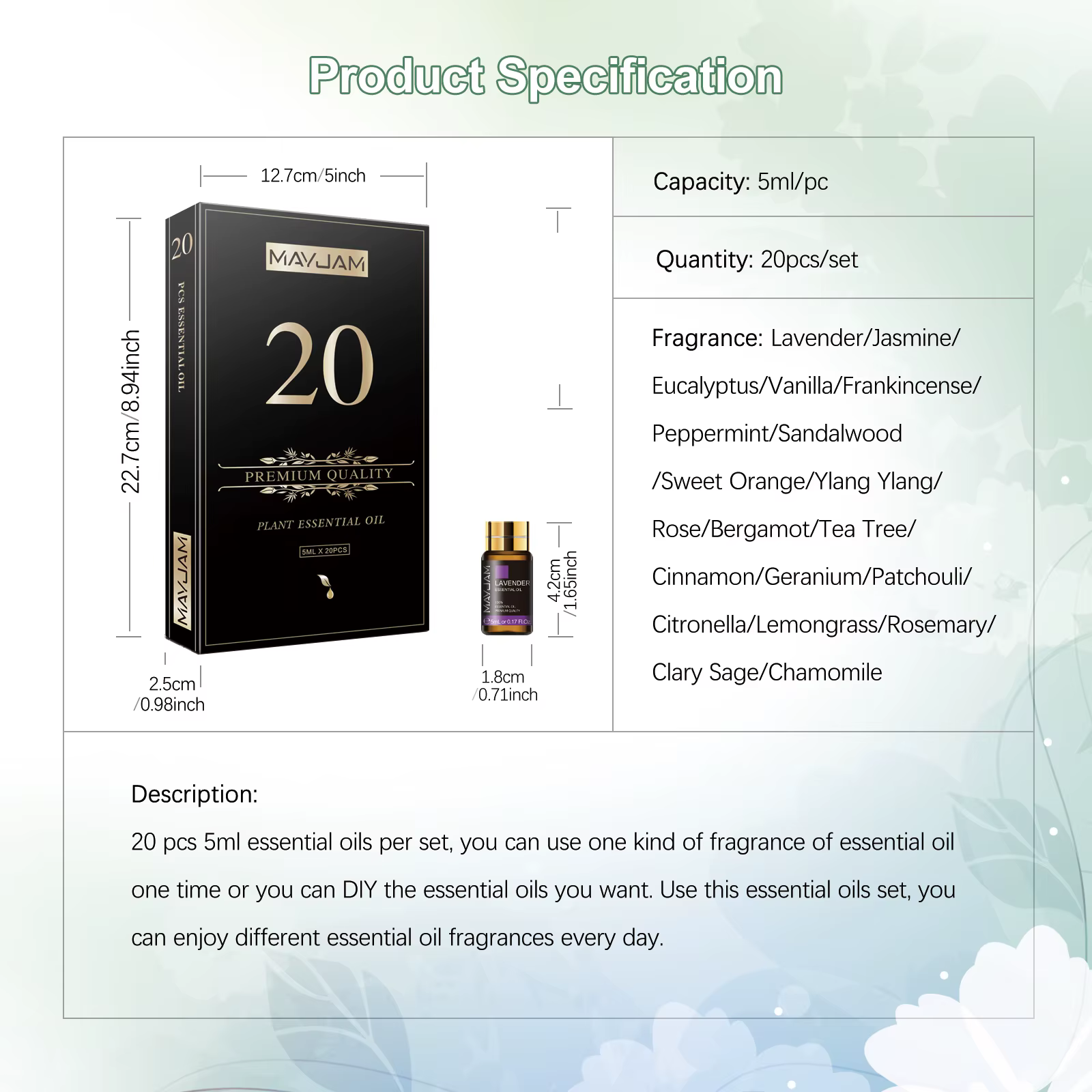 20 pièces Kits boîte-cadeau huile essentielle pour diffuseur pur naturel extrait de plante encens vanille citron menthe jasmin huile d'arbre à thé