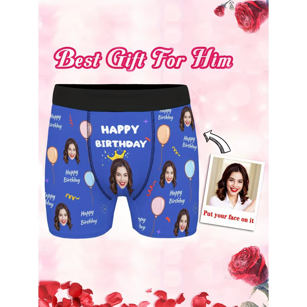 Boxer personnalisé avec photo pour homme, sous-vêtements imprimés avec ballons joyeux anniversaire, cadeau surprise amusant pour mari