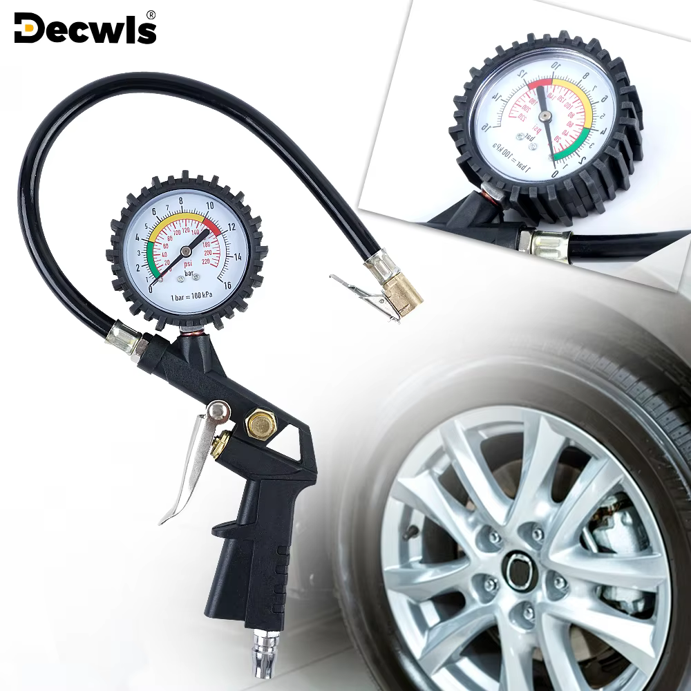 Manomètre de pression des pneus 0-16 bar avec tuyau en caoutchouc épais, alimenté par compresseur d'air, cadran haute précision, pompes de gonflage, petit et durable, pour voiture/SUV/moto/vélo/remorq