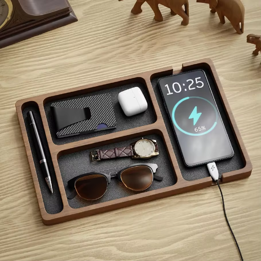 Boîte de rangement de bureau en bois massif avec compartiments, pour téléphone portable, écouteurs et autres petits objets, plateau de rangement en bois