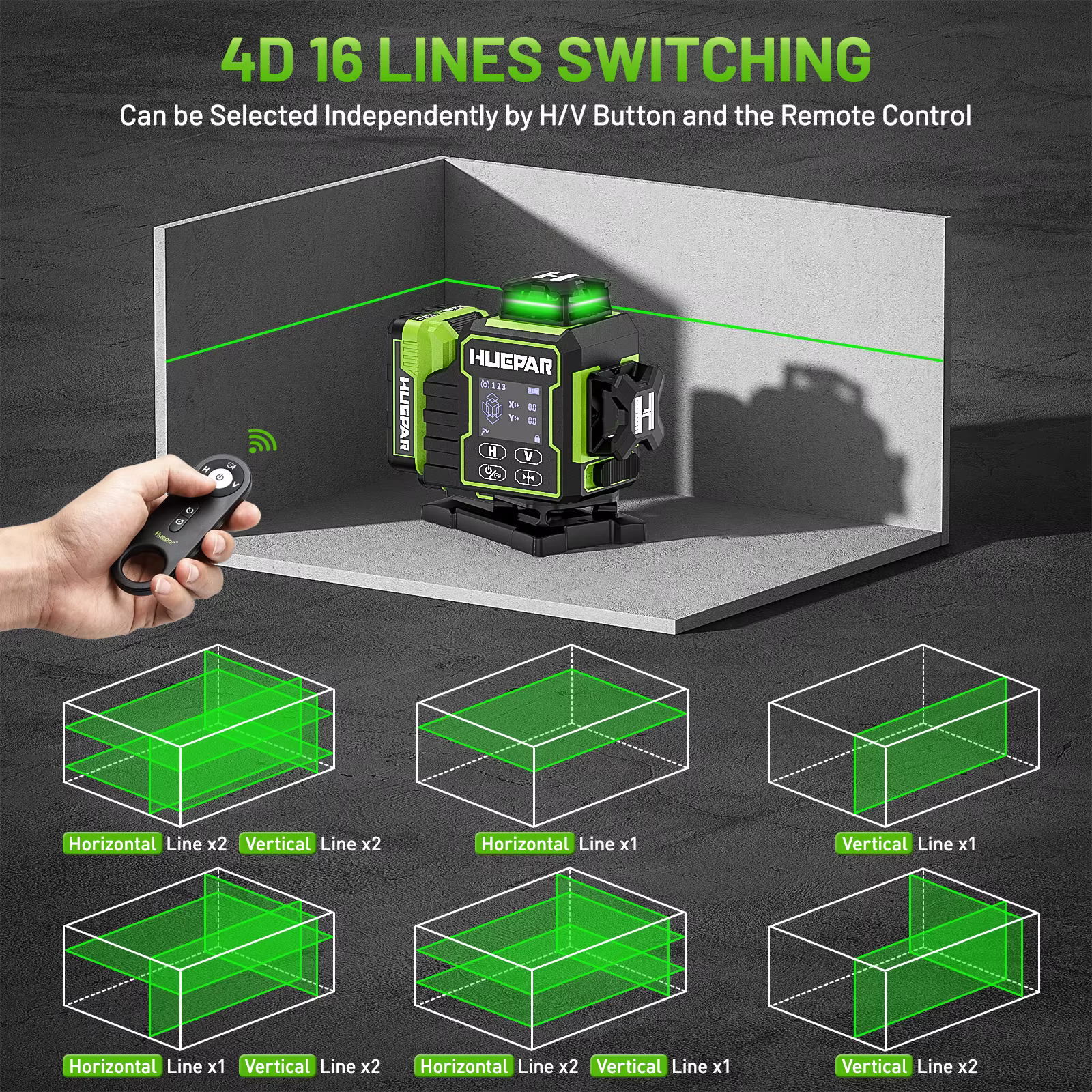 Niveau laser Huepar W04CG 4D 16 lignes à faisceau vert auto-nivelant avec écran tactile LCD
