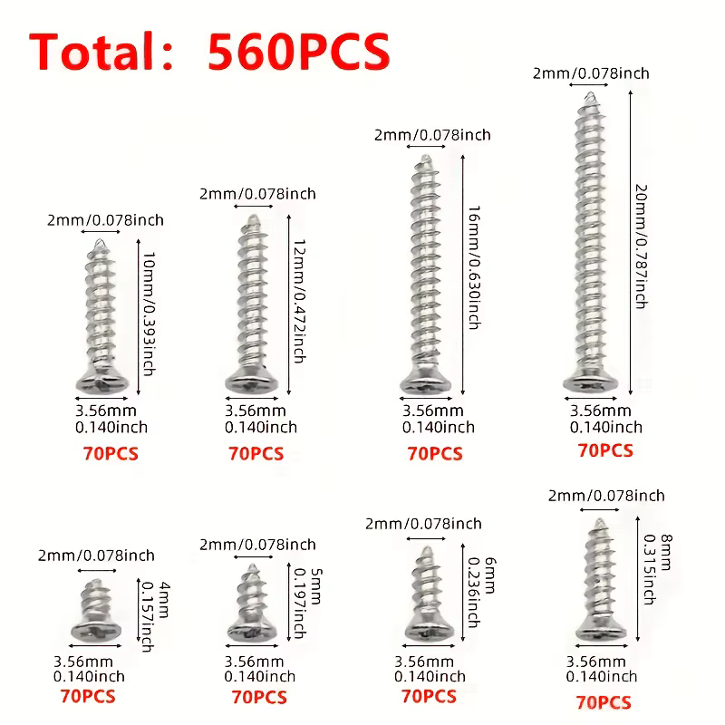 Boîte de 560 vis autotaraudeuses pour bois - Comprend 8 tailles différentes de vis plates en métal M2 - Kit de classification