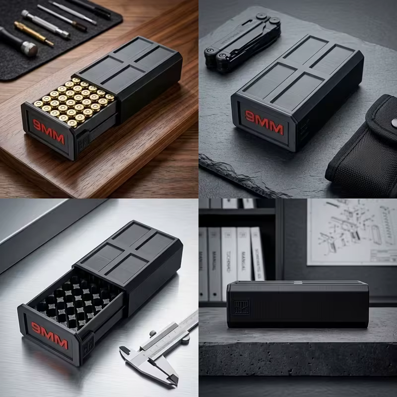 Boîte à munitions 9 mm de 50 cartouches imprimée en 3D avec couvercle coulissant – Organisateur et rangement tactique