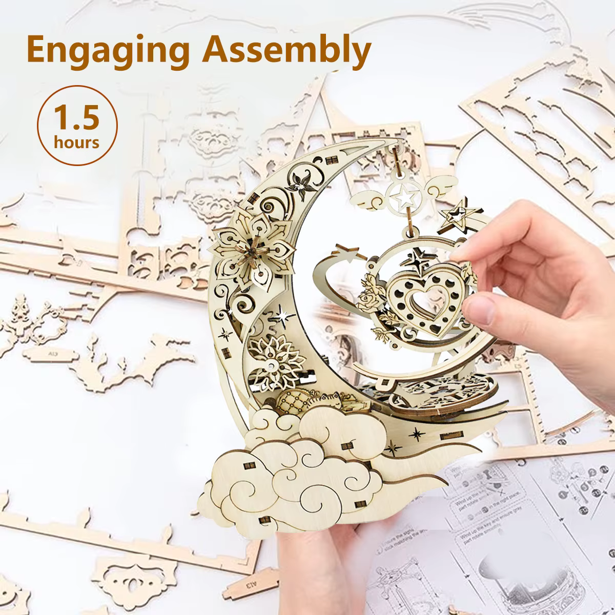 Puzzle en bois 3D, boîte à musique lune et étoile