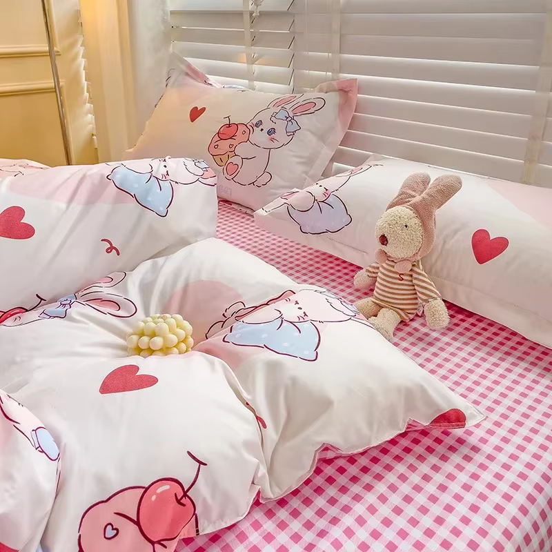 Ensemble de draps de lit de style dessin animé pour enfants, ensemble de literie imprimé lapin mignon, respirant, durable, reine, roi