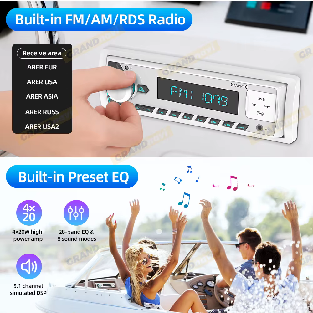 Autoradio marin 1Din, lecteur MP3, Bluetooth, radio bateau, écran LCD numérique, AM FM RDS, SD, AUX pour yacht, quad, UTV, camping-car, voiturette de golf