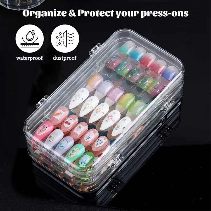 Boîte de rangement pour nail art, organisateur transparent anti-poussière, plateau de coiffeuse pliable en trois pour le rangement et la présentation de bijoux