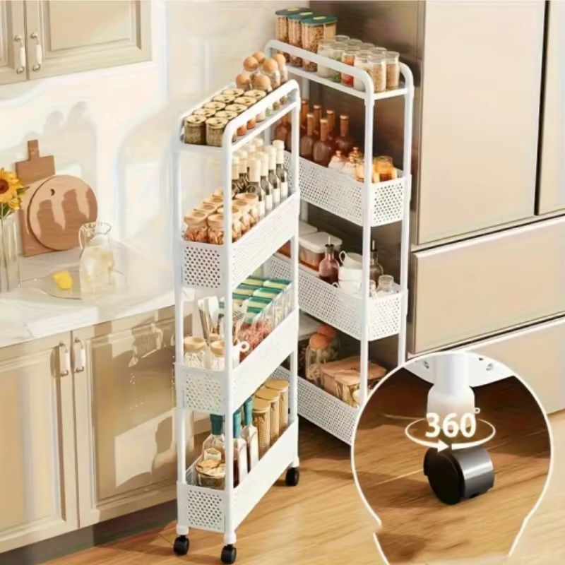Unité de rangement mobile noire, étagères pratiques à plusieurs niveaux, support de rangement étroit sur roulettes.