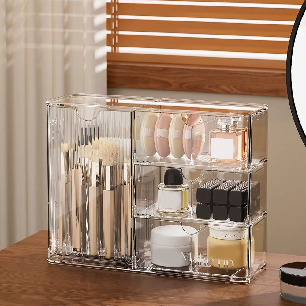 Boîte de rangement cosmétique en plastique transparente, grande capacité, style tiroir, avec tiroirs, anti-poussière