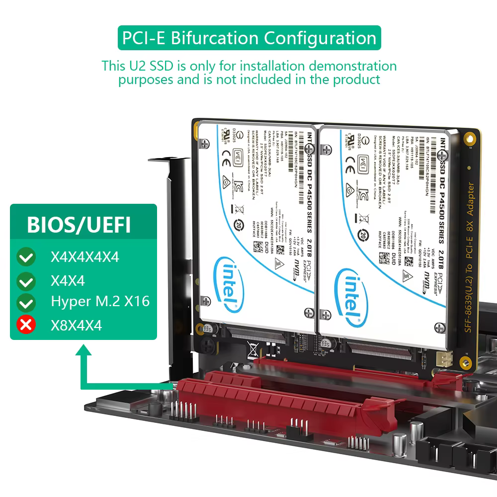 Adaptateur touristes U.2 SSD vers PCIe 4.0 X8