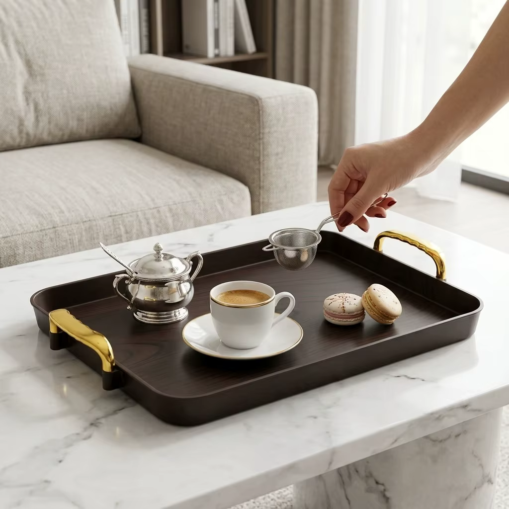 Plateau de service rectangulaire empilable en plastique avec poignées