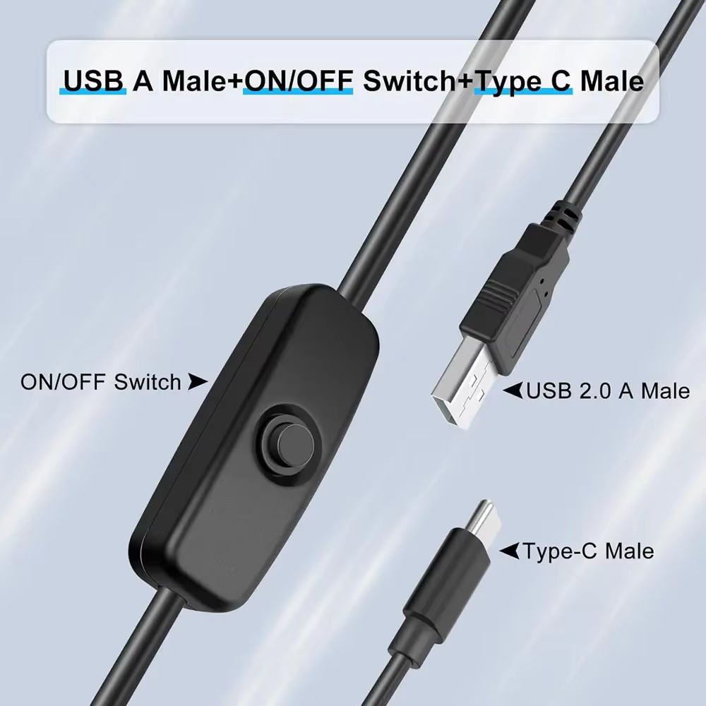 Câble de données USB vers Type-C avec interrupteur marche/arrêt pour une charge rapide et un transfert de données, cordon d'alimentation USB Type-C avec interrupteur pour téléphone, LED, USB, etc.