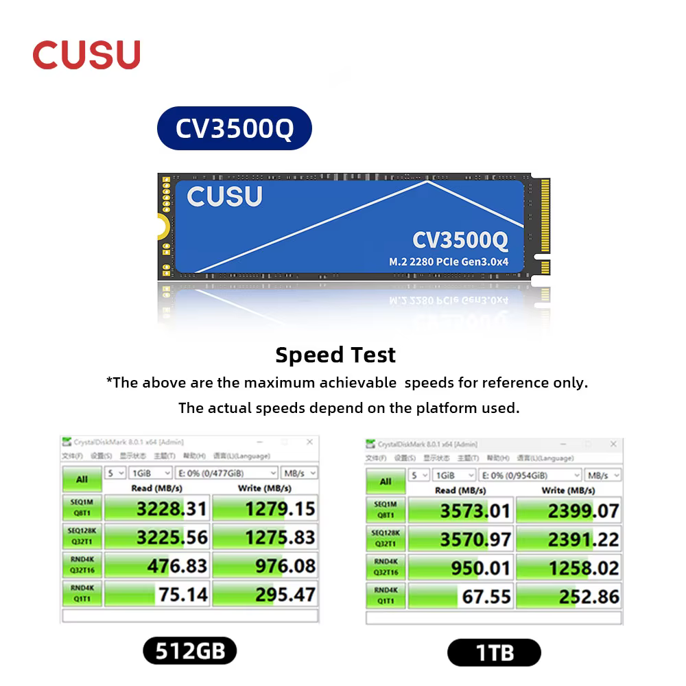 CUSU SSD 512 Go 1 To 2 To NVMe M2 PCIe3.0 M.2 2280 Disque dur SSD pour ordinateur portable de bureau