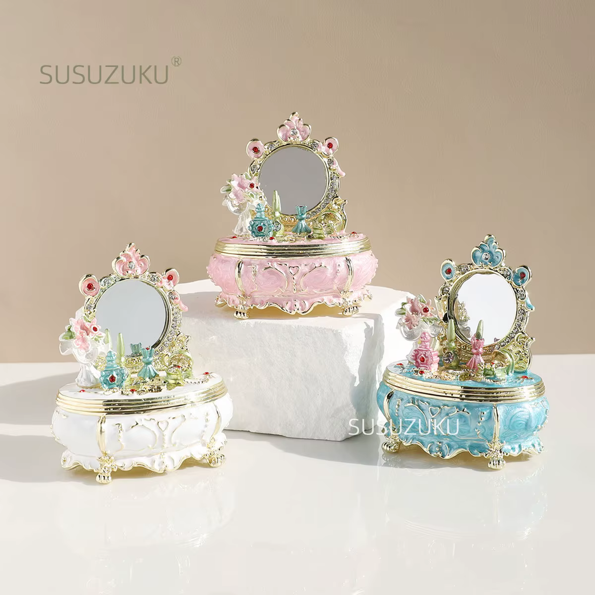Coiffeuse bleue, boîte à bibelots à charnière, Figurine en émail peinte à la main à collectionner, cadeau Unique pour la décoration intérieure
